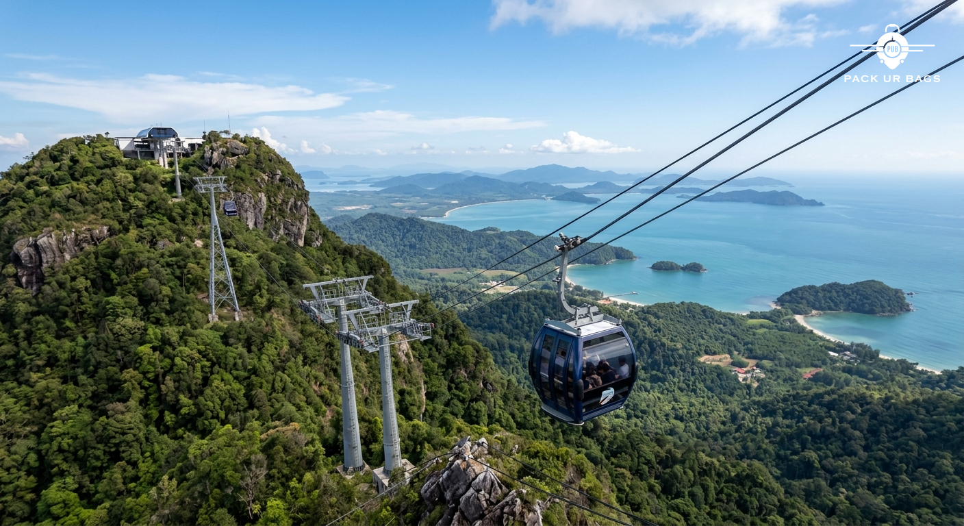 Cable car ascending to mountaintop in Langkawi with dramatic aerial view of islands and ocean below, clear skies, advent