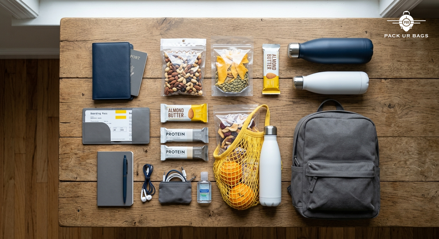 Overhead flat lay of packed snacks, reusable water bottles, travel documents, and a small backpack on a wooden table, or