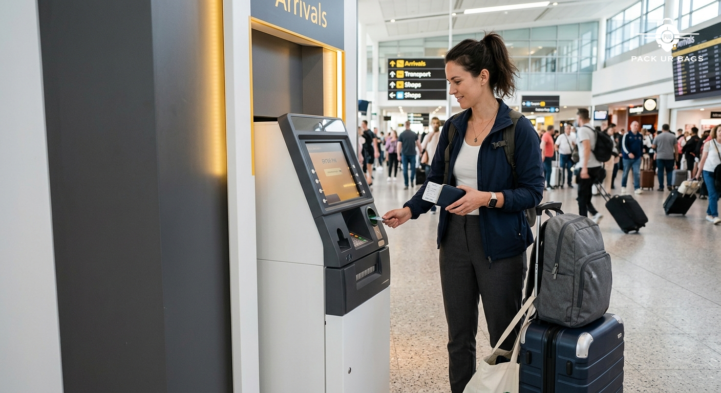 Traveler withdrawing cash from airport ATM with luggage beside them, bright terminal lighting, arrival hall atmosphere,