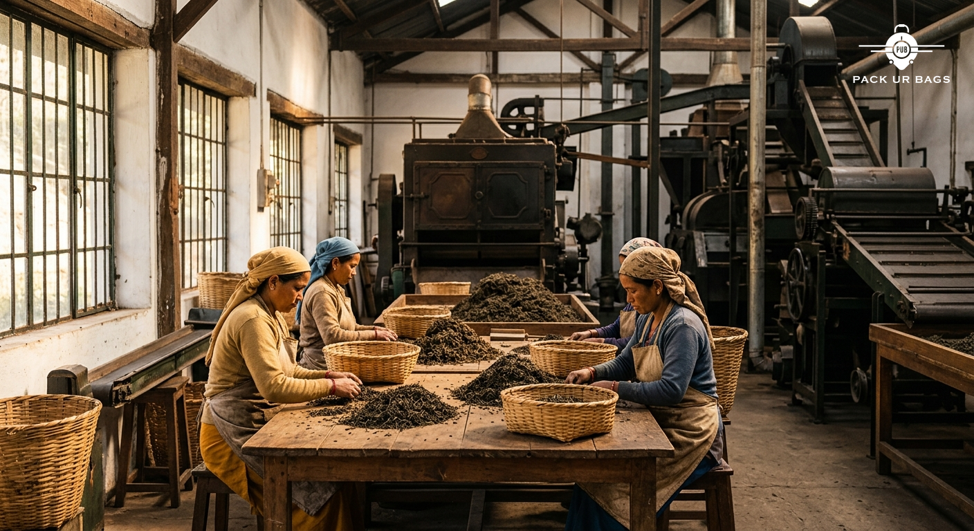 Happy Valley Tea Estate factory interior, workers sorting dried tea leaves, large machinery visible, warm afternoon ligh