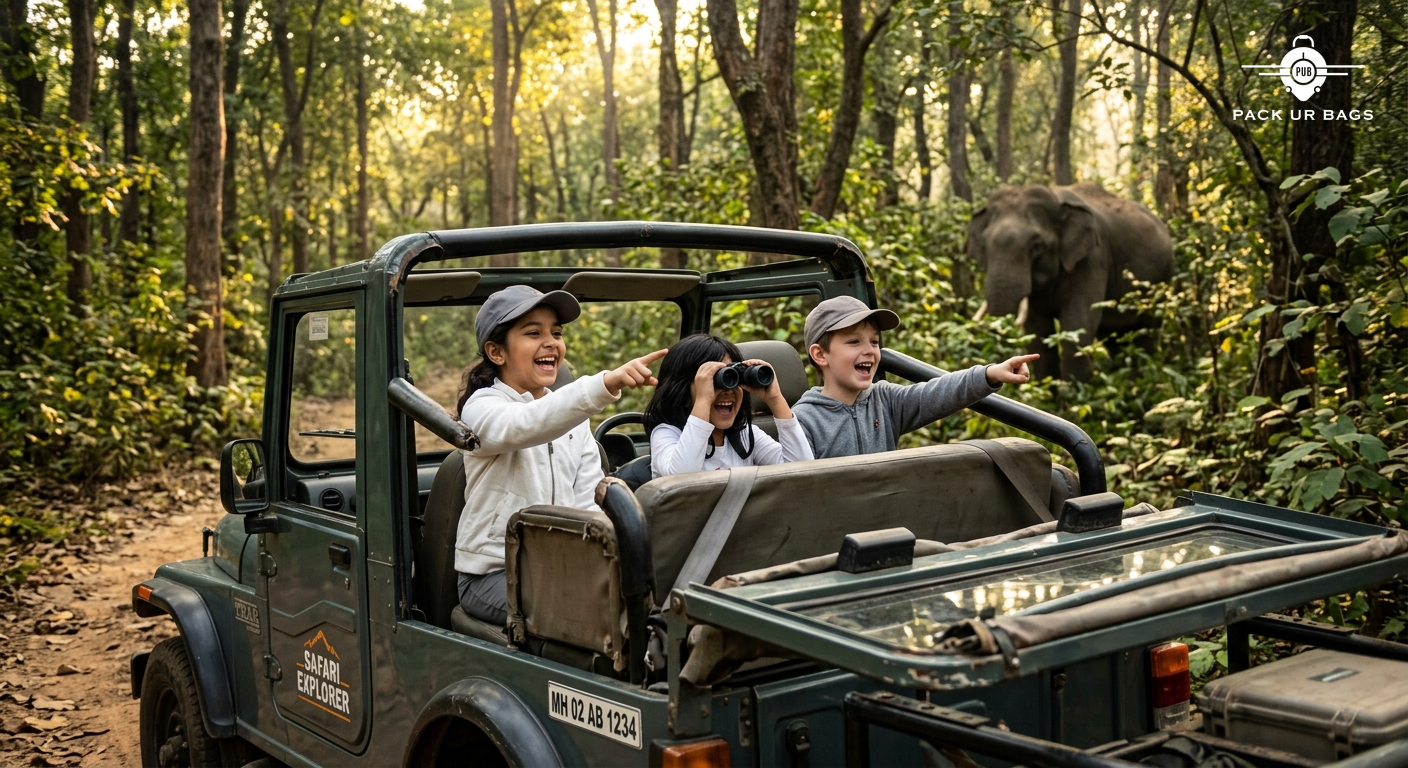 Young children on a jungle safari spotting wildlife, excitement on faces, open jeep, dense forest background, morning li