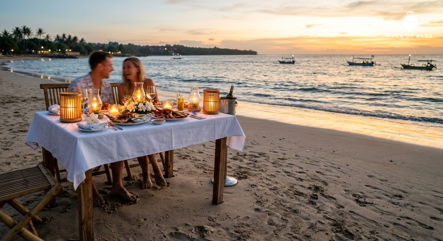 Romantic candlelit dinner setup on Jimbaran Beach with fresh grilled seafood, toes in sand, lanterns glowing as sun sets