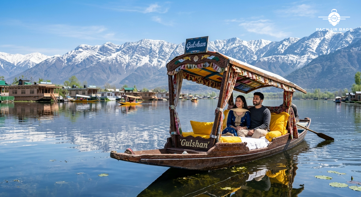 Couple on a private shikara boat in Dal Lake Kashmir, mountain backdrop, clear blue sky, traditional wooden boat, vibran