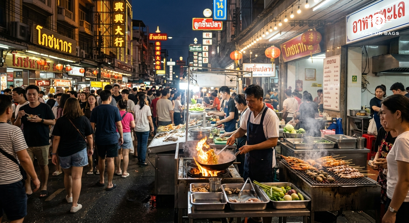Yaowarat street food market, grilled seafood stalls, steaming woks, night scene, Bangkok Chinatown, vibrant neon signs,