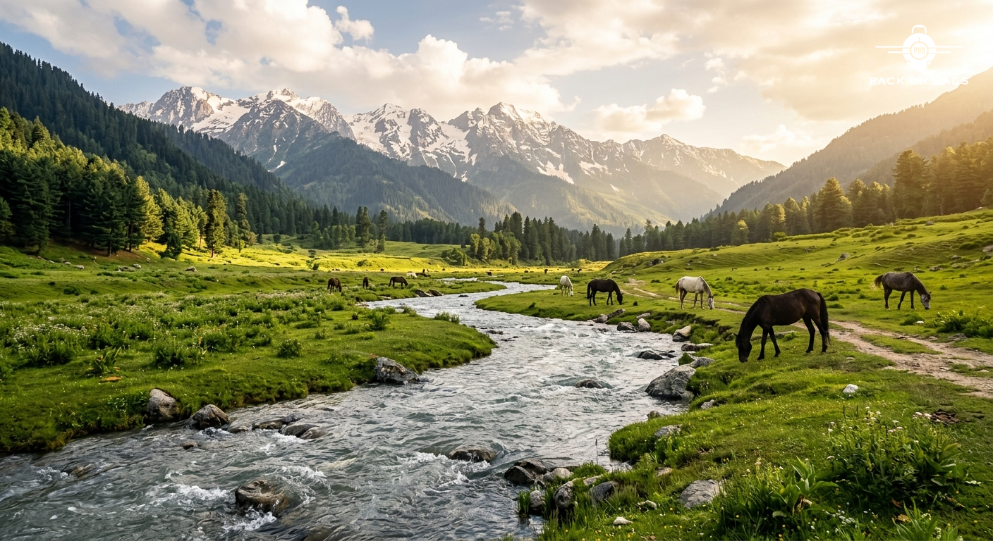 Pahalgam valley with Lidder River flowing through green meadows, horses grazing, distant snow peaks, afternoon golden ho