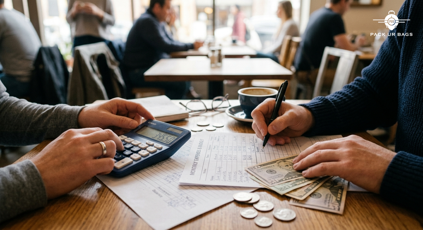 Close-up of hands holding a budget expense sheet and splitting bills with a calculator, casual cafe setting, documentary