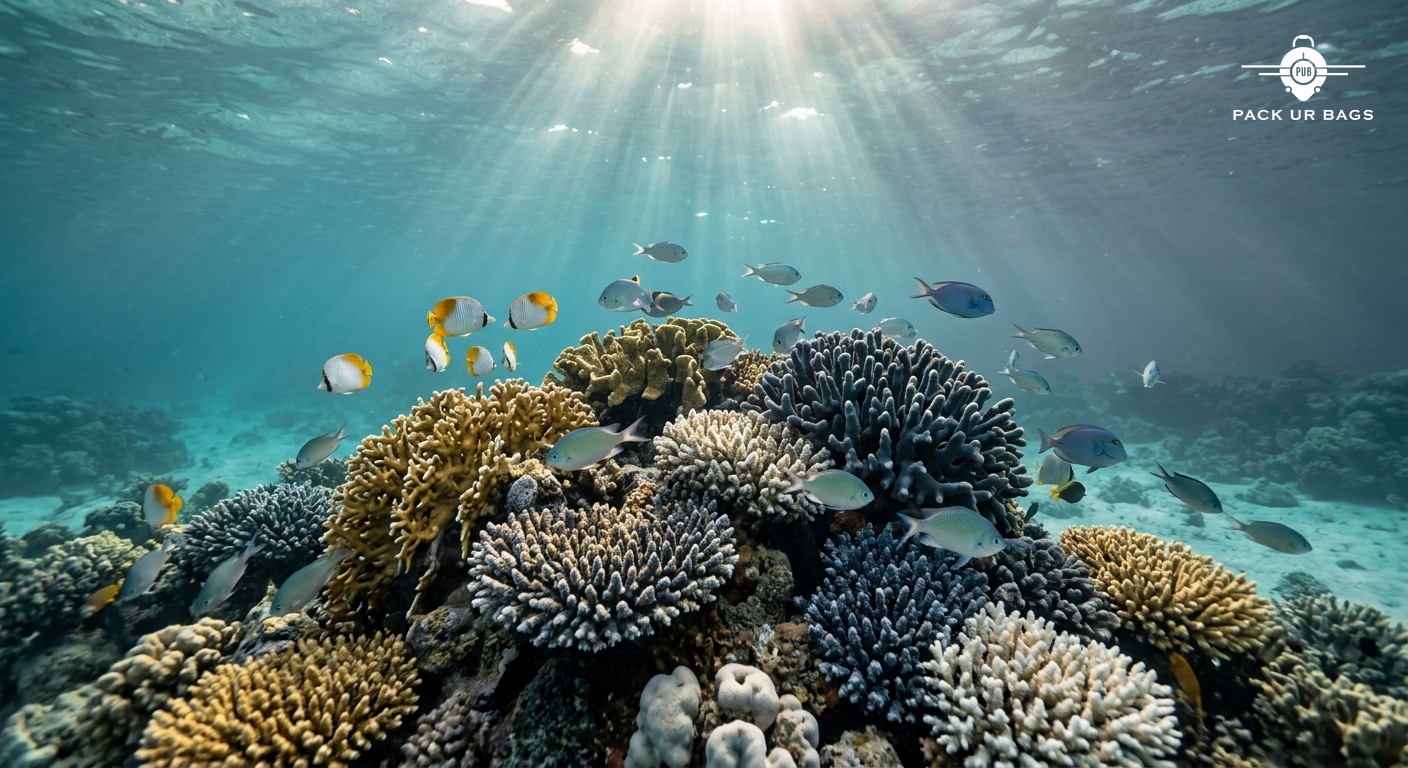 Underwater photography of vibrant coral reef with tropical fish, clear turquoise water, sunlight rays penetrating surfac