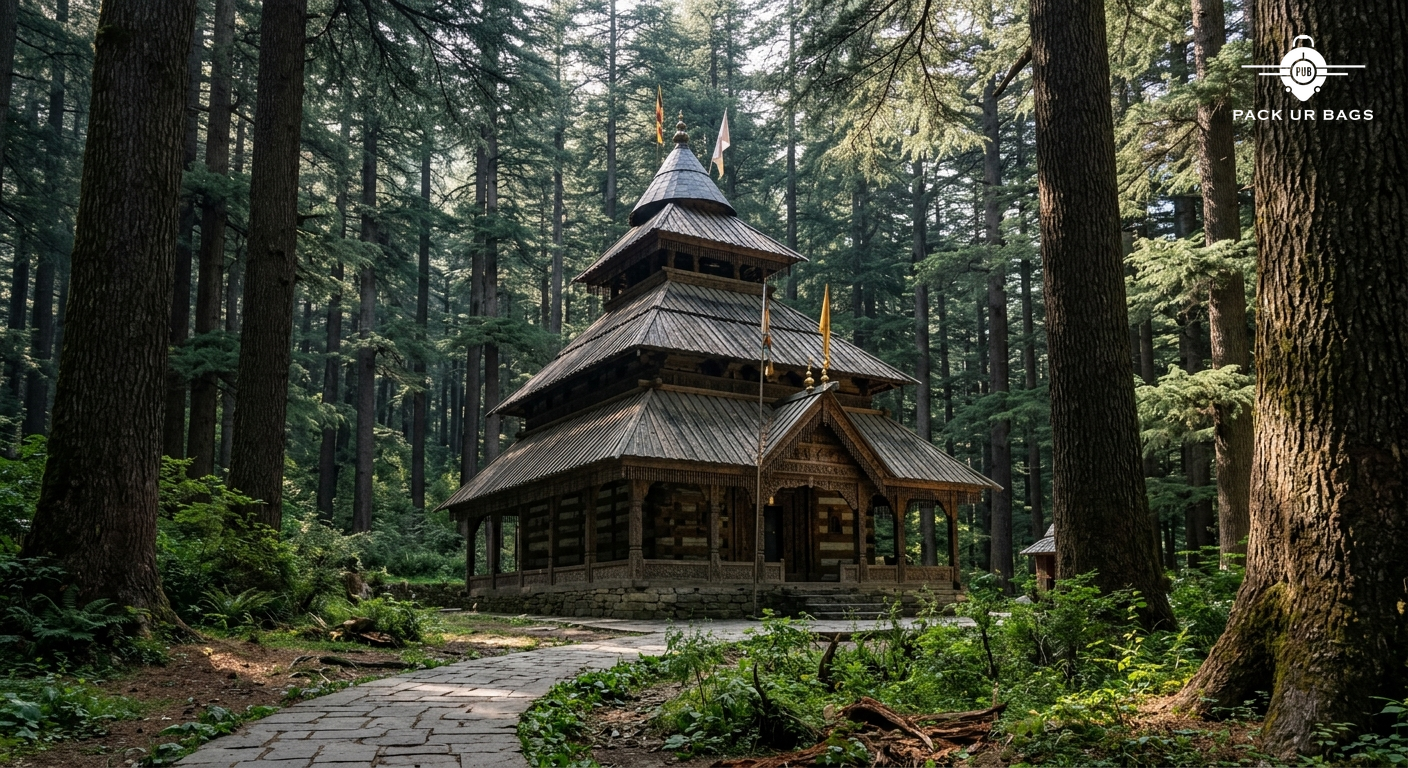 Traditional wooden Hadimba Temple surrounded by tall cedar trees, dappled morning sunlight, serene forest atmosphere, cu