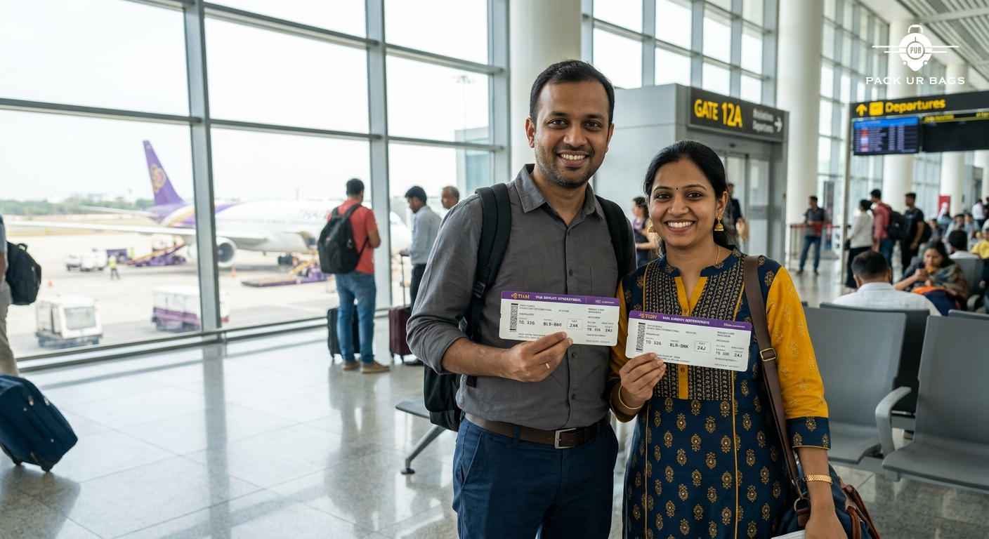 Indian couple holding Thailand boarding passes at Bangalore airport, smiling, departure lounge background, realistic tra