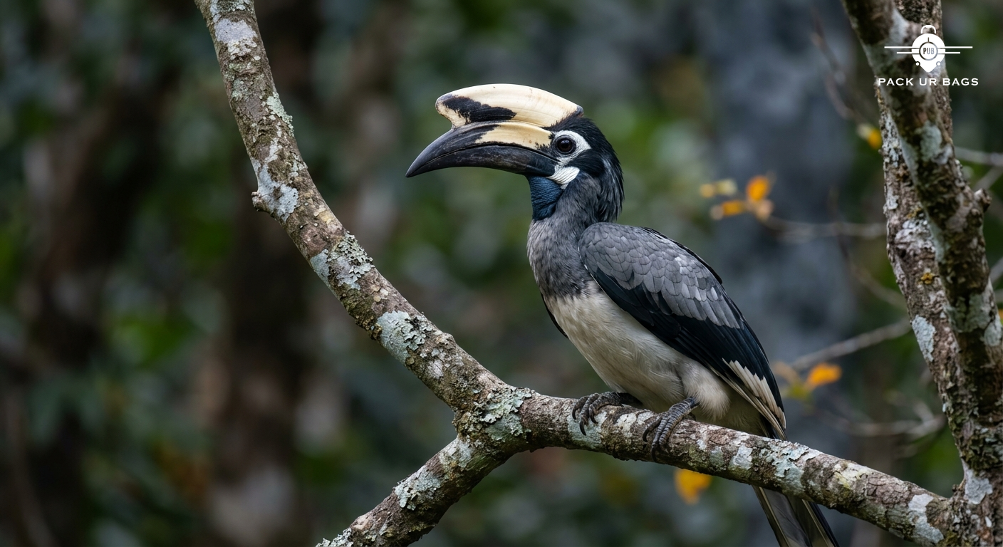 Malabar pied hornbill perched on branch with forest backdrop, vibrant plumage detail, telephoto nature shot, diffused na