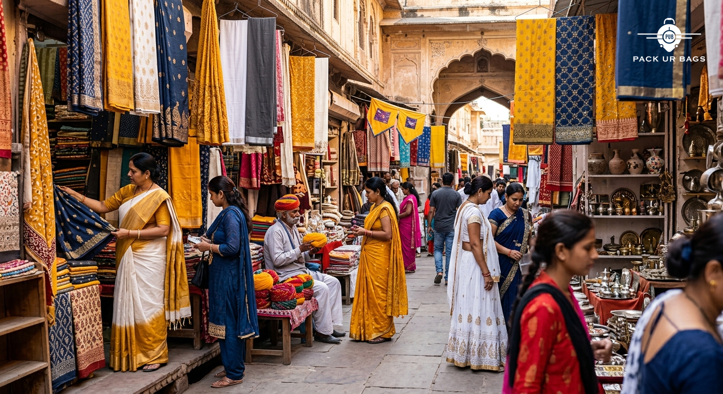 Colorful Jaipur bazaar with textiles and handicrafts, vibrant fabrics hanging, shoppers browsing, traditional Rajasthani