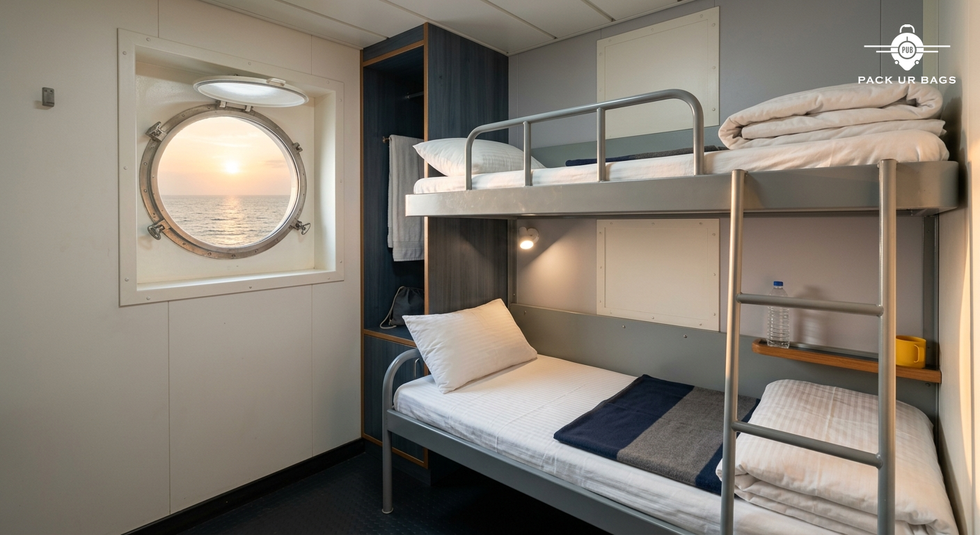 Interior of passenger ship cabin from Kochi to Lakshadweep, simple berths, clean functional design, soft evening light t