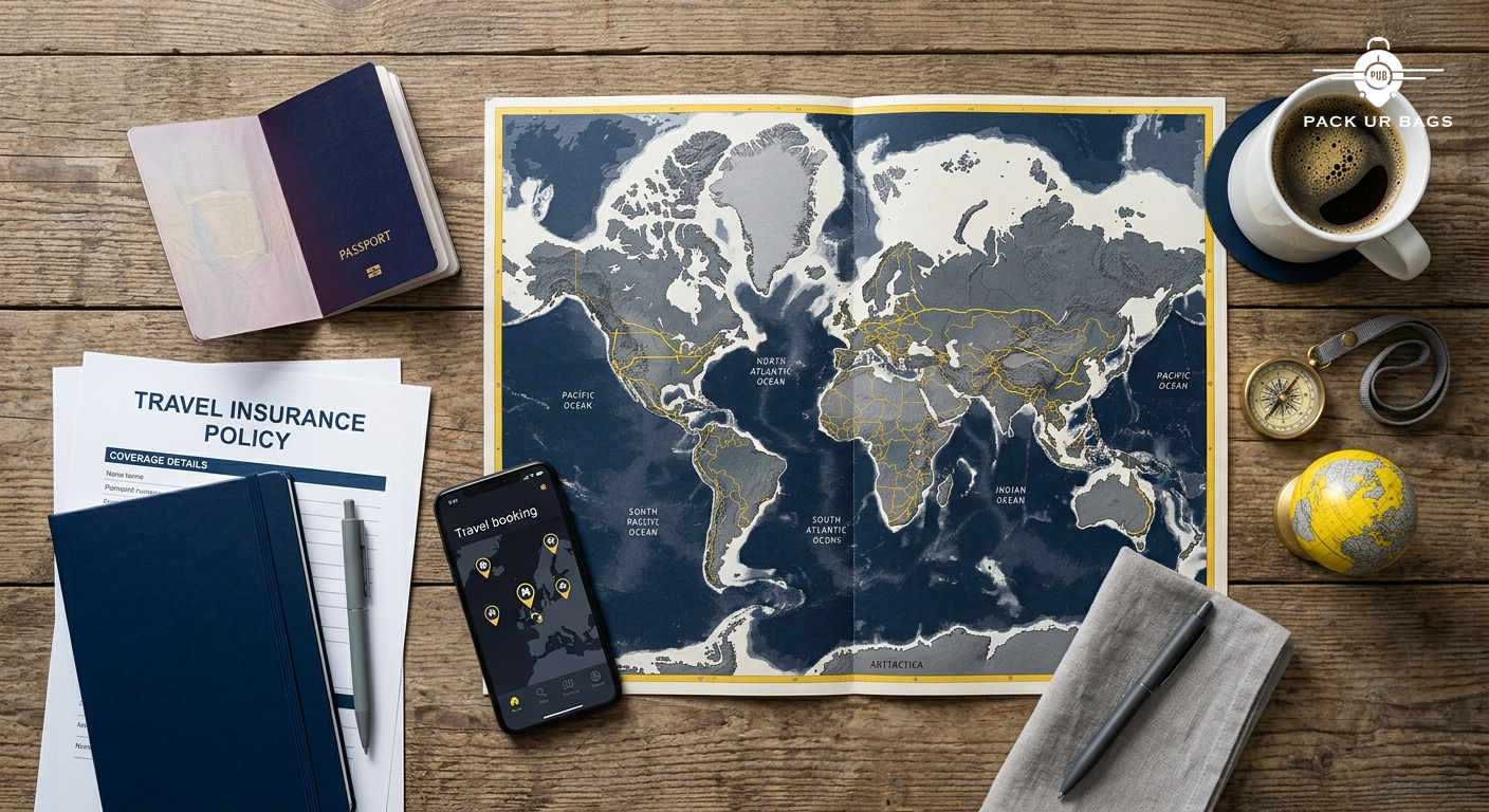 Travel planning workspace with world map, passport, travel insurance documents, smartphone, and coffee, organized flat l