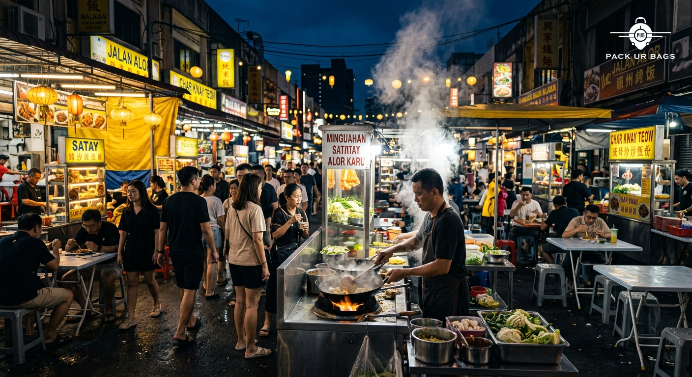 Street food scene in Jalan Alor Kuala Lumpur at night, colorful stalls, steam rising from woks, busy night market atmosp
