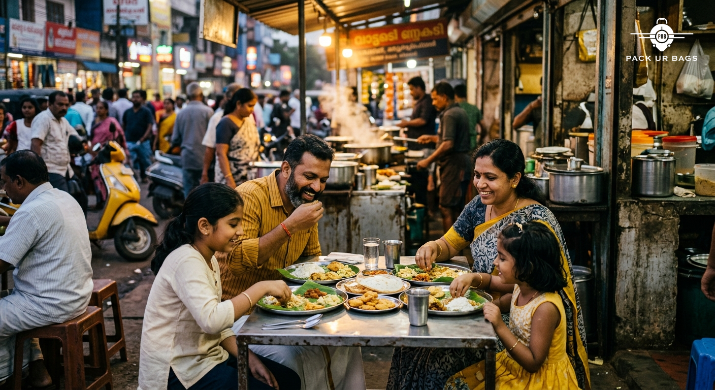 Bangalore family enjoying street food at a busy local eatery in Kerala, authentic setting, vibrant colors, documentary s