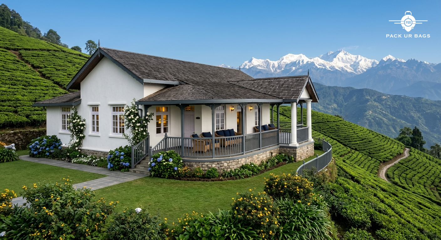 Glenburn Tea Estate bungalow exterior, colonial architecture surrounded by tea slopes, clear blue sky, Himalayan peaks v