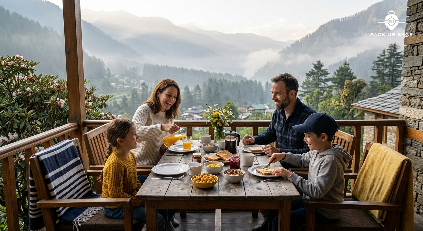 Parents and kids at a cozy homestay in a hill station, having breakfast together outdoors, misty mountain view, warm and