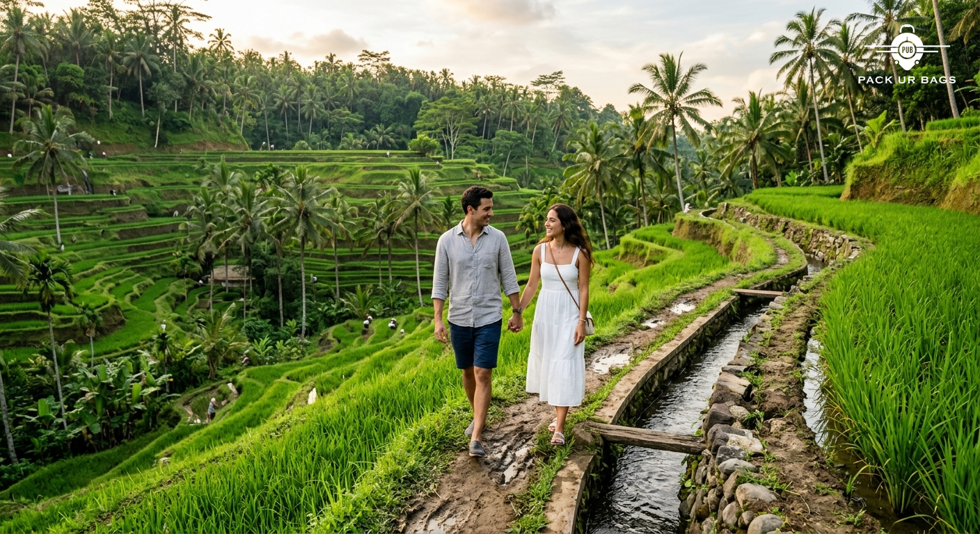 Couple walking hand-in-hand through vibrant Tegallalang rice paddies with traditional Balinese irrigation channels and p