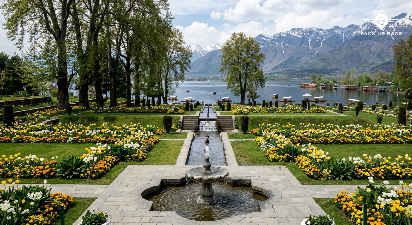 Mughal Gardens in Srinagar with terraced lawns, blooming flowers, Chinar trees, fountain in foreground, Dal Lake and mou