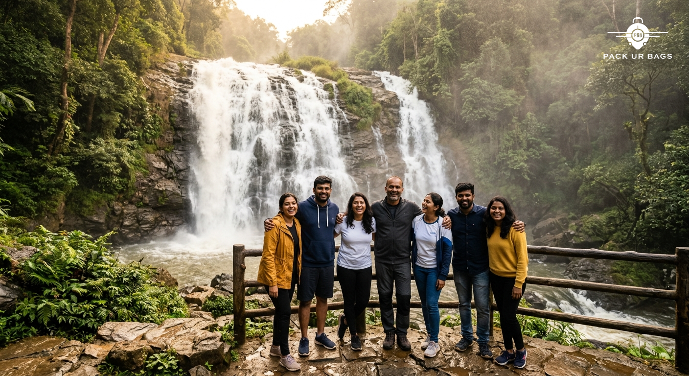 Group of travelers posing in front of a waterfall in Coorg, misty background, golden hour lighting, joyful expressions