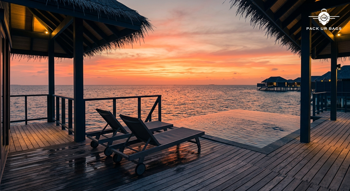 Sunset view from Maldives overwater villa deck, orange and pink sky reflecting on calm ocean, silhouette of loungers and