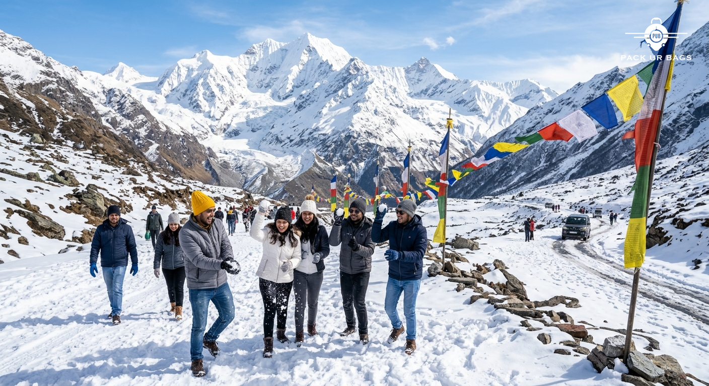 Rohtang Pass covered in snow with travelers playing in foreground, prayer flags fluttering, bright sunlight on white pea