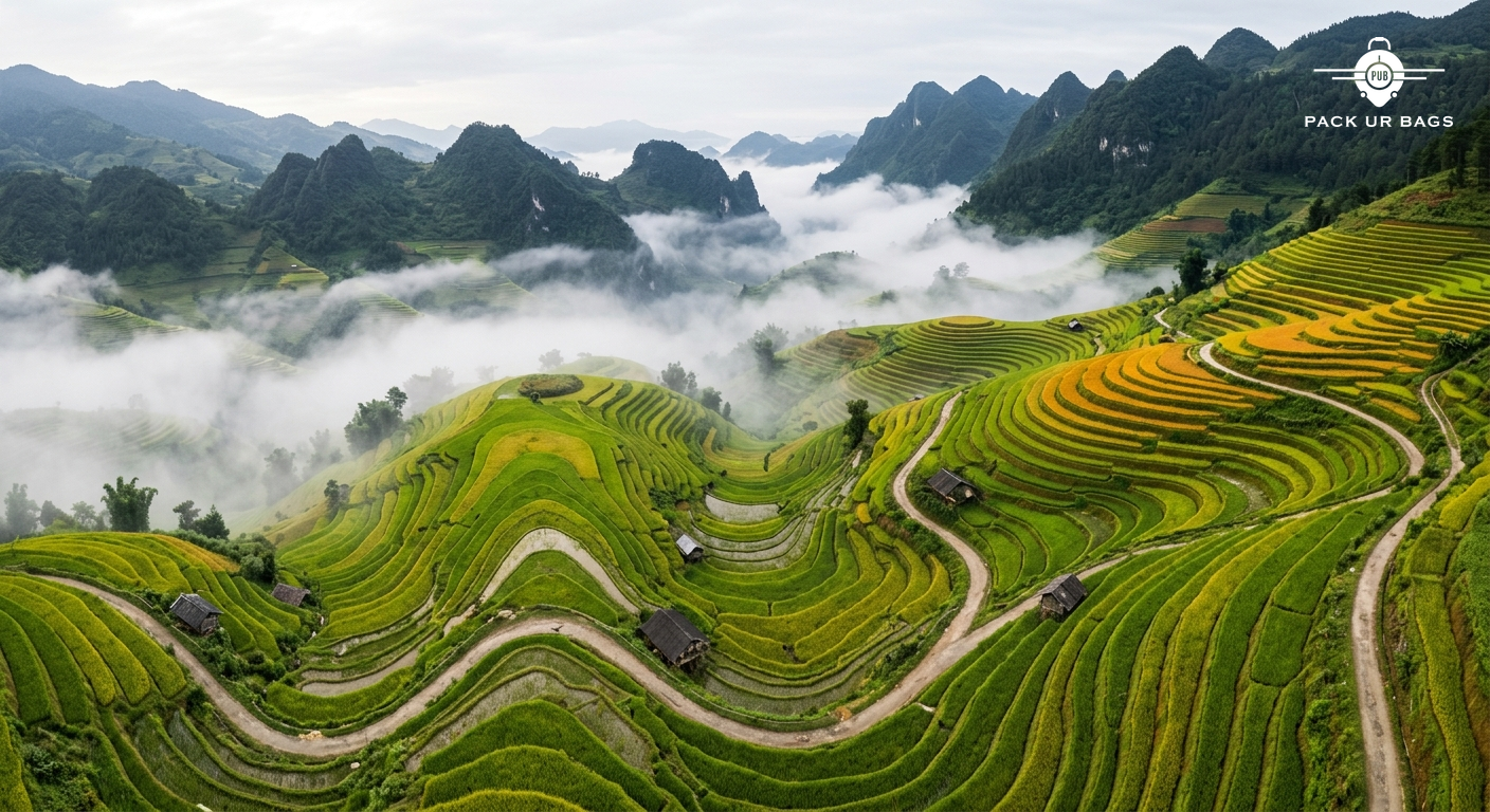 Aerial view of terraced rice fields in northern Vietnam, vibrant green paddies, winding paths, soft morning mist in vall