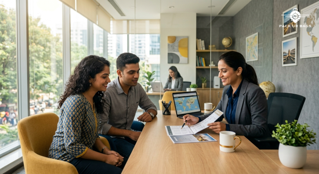 Young couple reviewing travel itinerary with agent at modern Bangalore office, warm natural light, professional yet frie