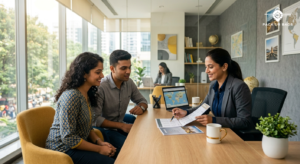 Young couple reviewing travel itinerary with agent at modern Bangalore office, warm natural light, professional yet frie