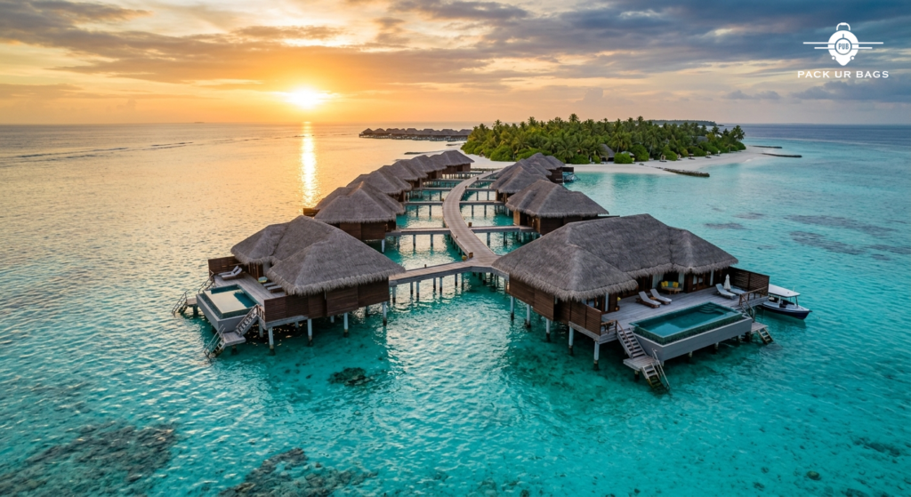 Overwater villa at sunrise in Maldives with turquoise lagoon, warm golden light, aerial view, peaceful and romantic atmo