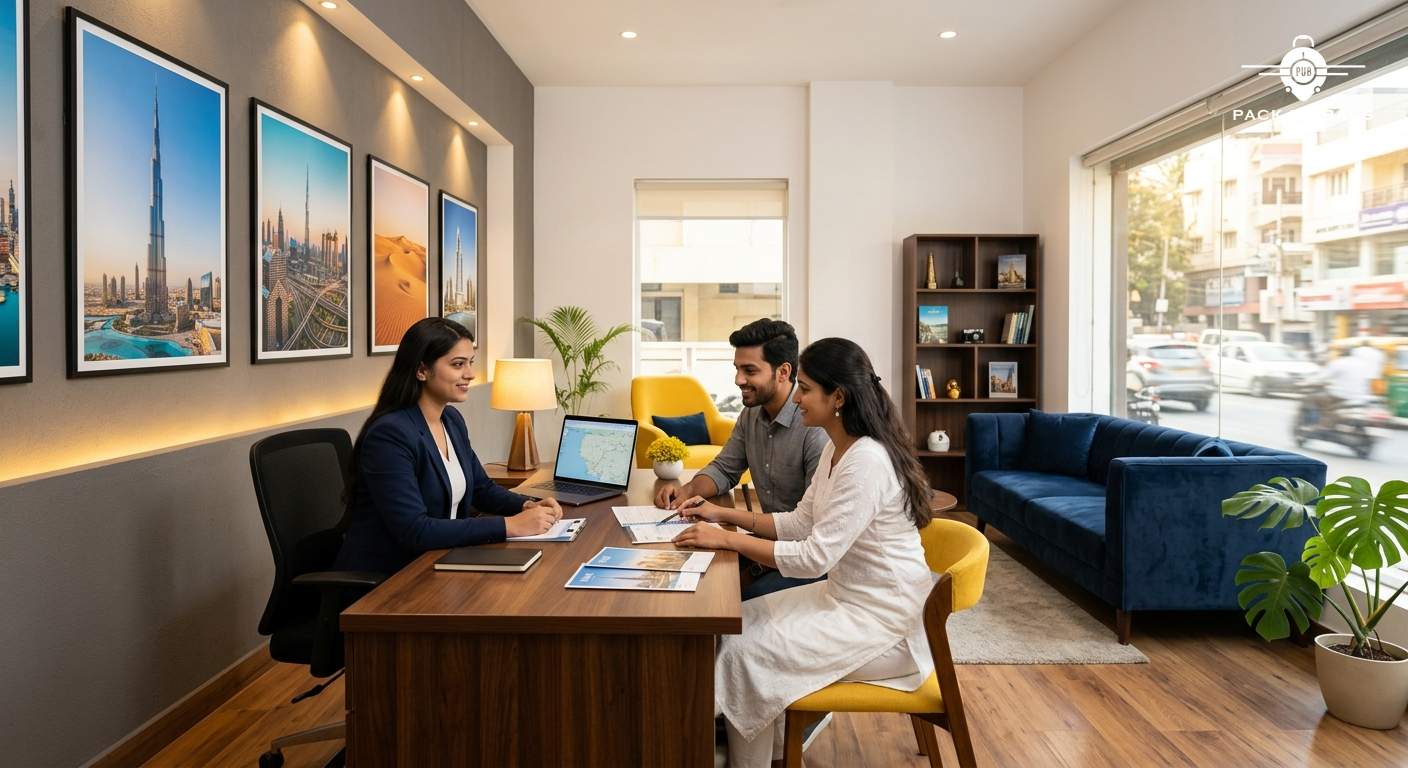 Modern travel agency office in Bangalore with Dubai destination posters, warm lighting, professional consultation desk,