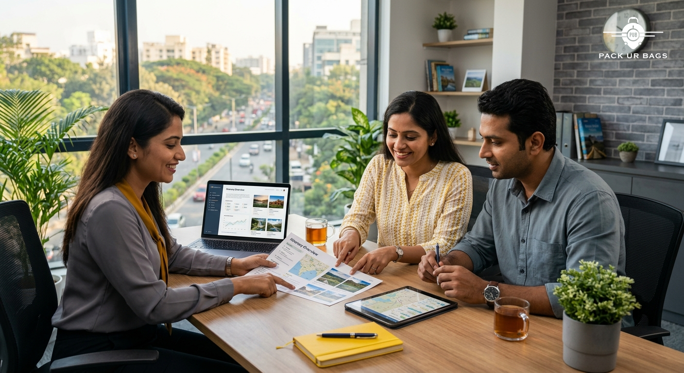 Indian couple reviewing travel itinerary with agent in modern Bangalore office, warm natural lighting, professional yet