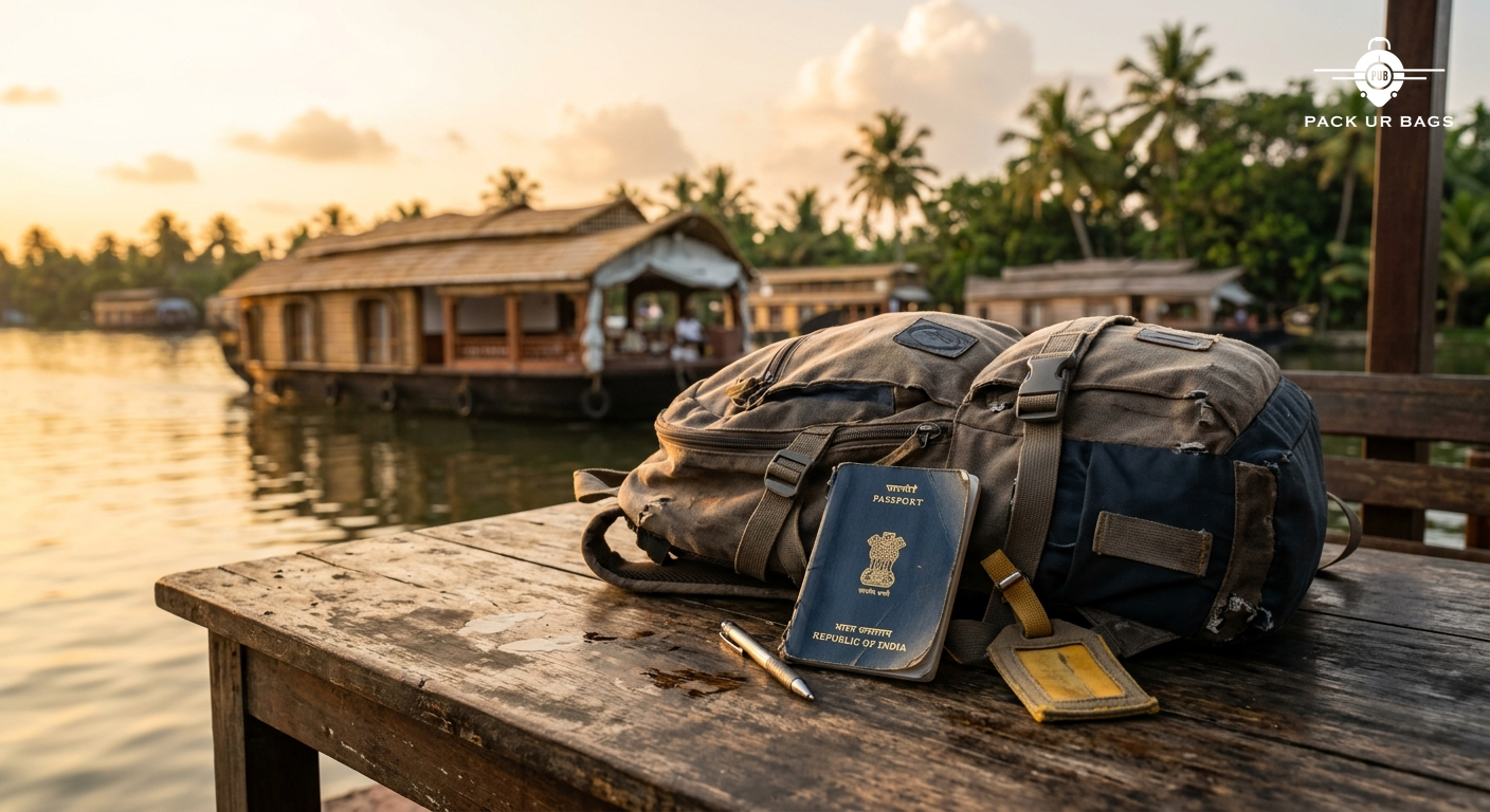 Budget traveler backpack and passport on wooden table with Kerala houseboat blurred in background, golden hour lighting,