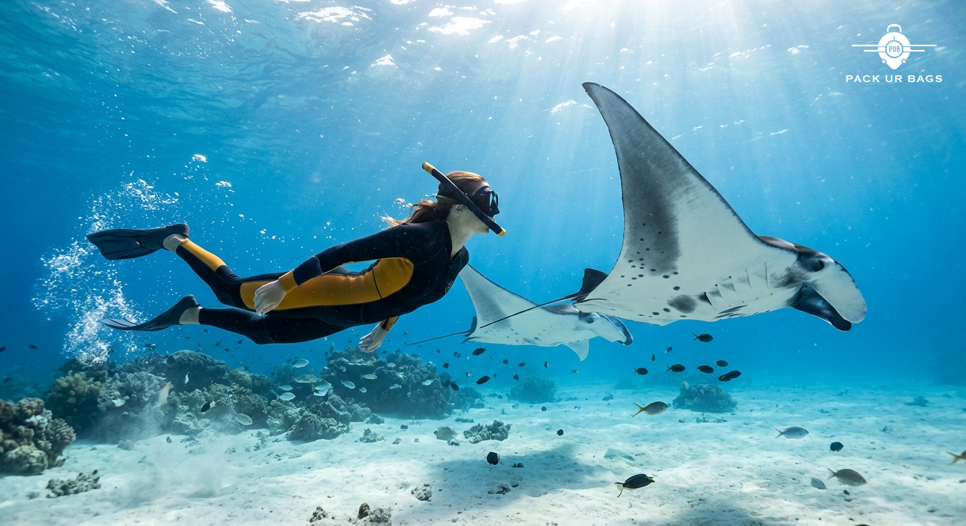 Snorkeler swimming with manta rays in Hanifaru Bay, underwater shot, clear blue water, natural light, marine life close-