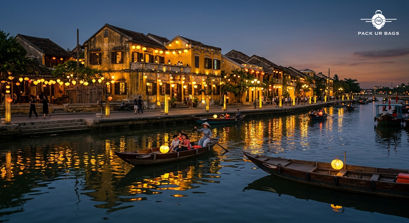 Hoi An ancient town at dusk, yellow lanterns glowing along riverside, wooden boats, reflection in water, warm ambient li