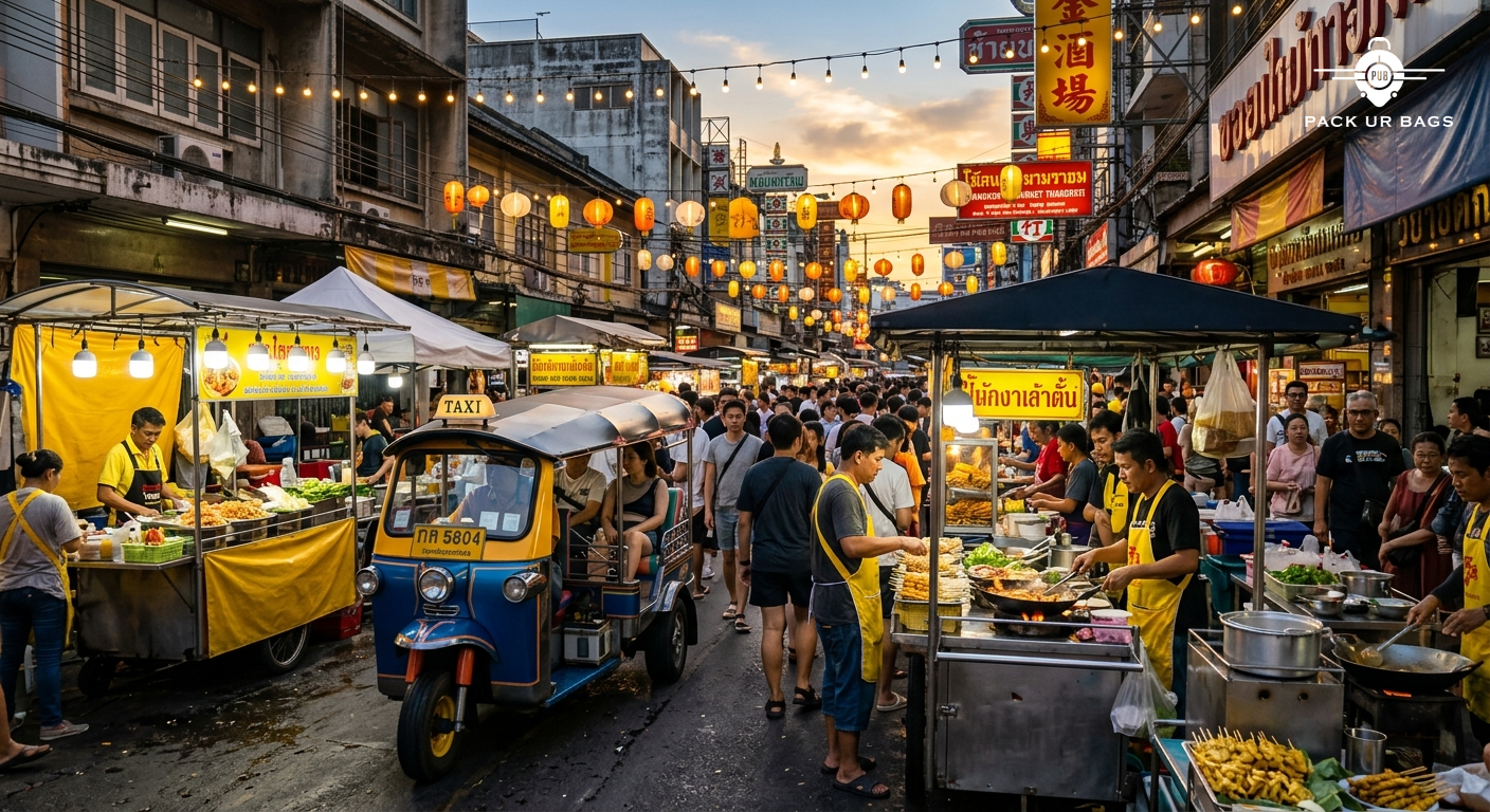 Bustling Bangkok street market at sunset, colorful street food stalls, tuk-tuks, warm evening light, vibrant urban energ