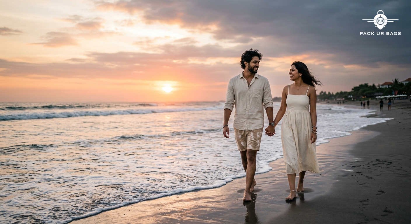 Young Indian couple walking hand-in-hand on Seminyak beach at sunset, soft pink and orange sky, gentle waves in backgrou