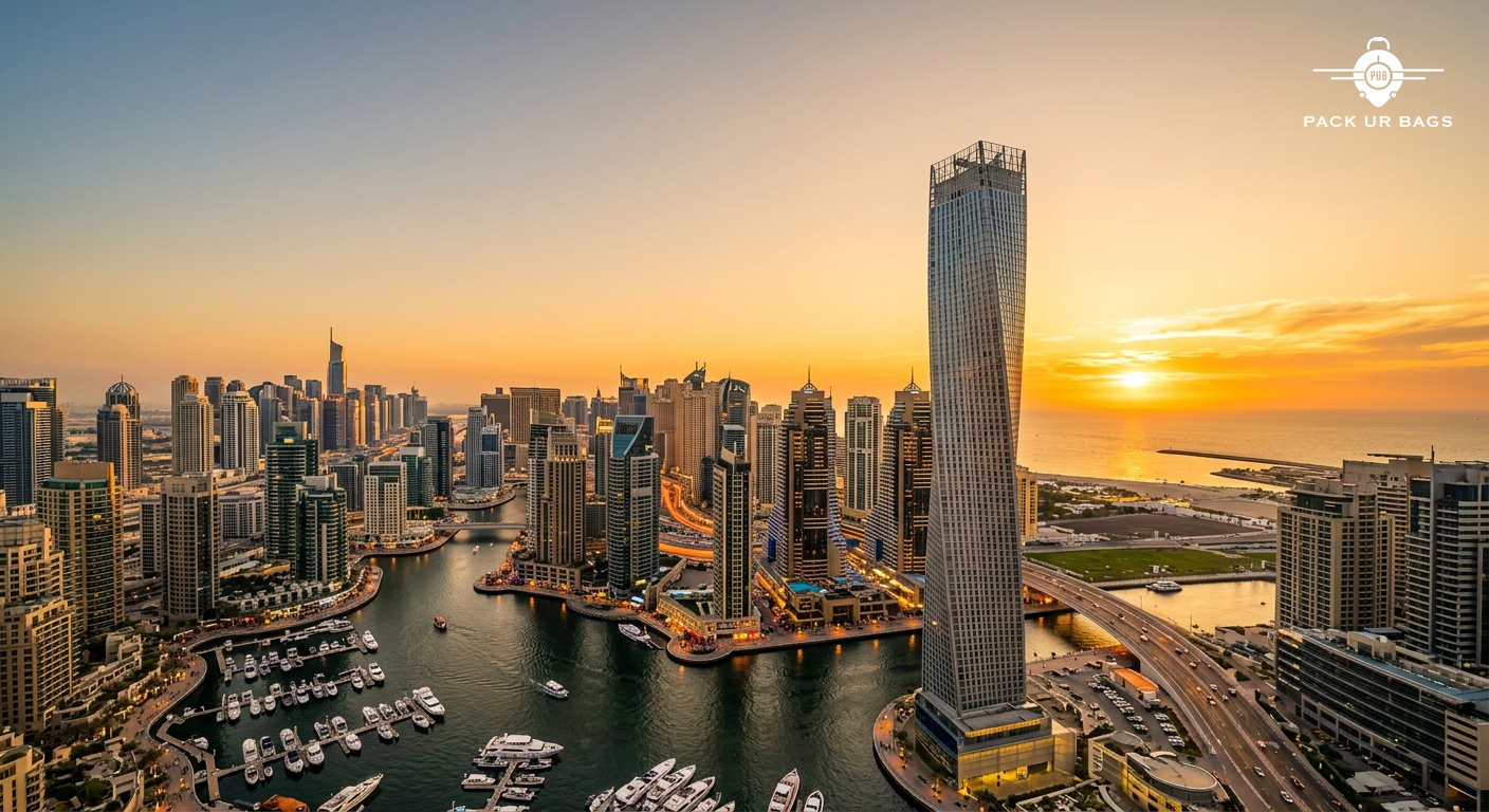 Dubai skyline at sunset featuring Burj Khalifa and marina, golden hour lighting, clear sky, iconic architectural landmar