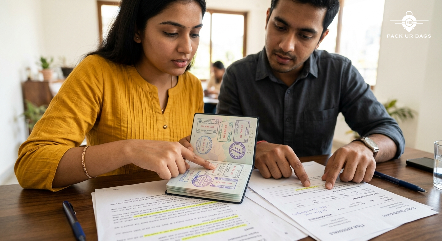 Young Indian couple reviewing travel documents and passport with visa stamps, close-up hands pointing at papers, bright