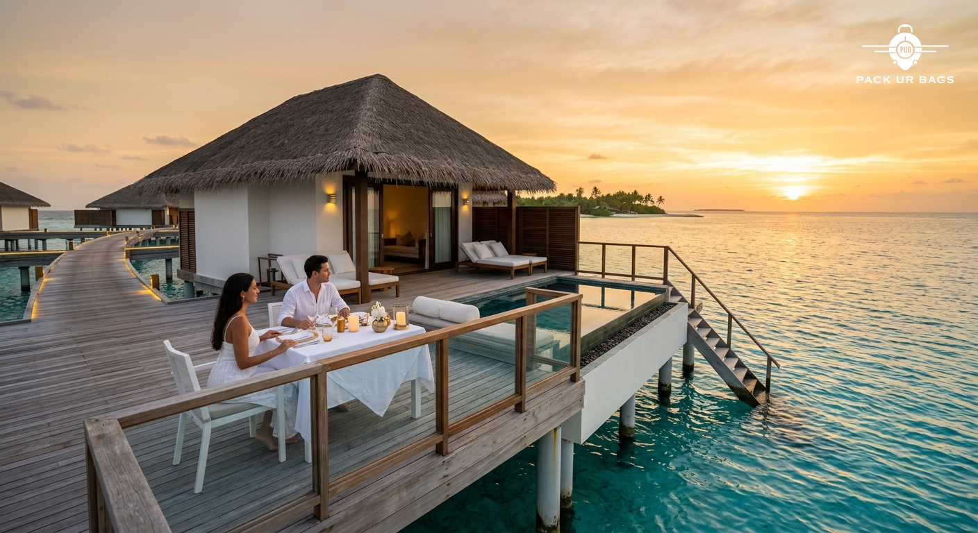 Luxurious overwater villa in Maldives with private deck, turquoise water, honeymoon setting, golden hour soft lighting,
