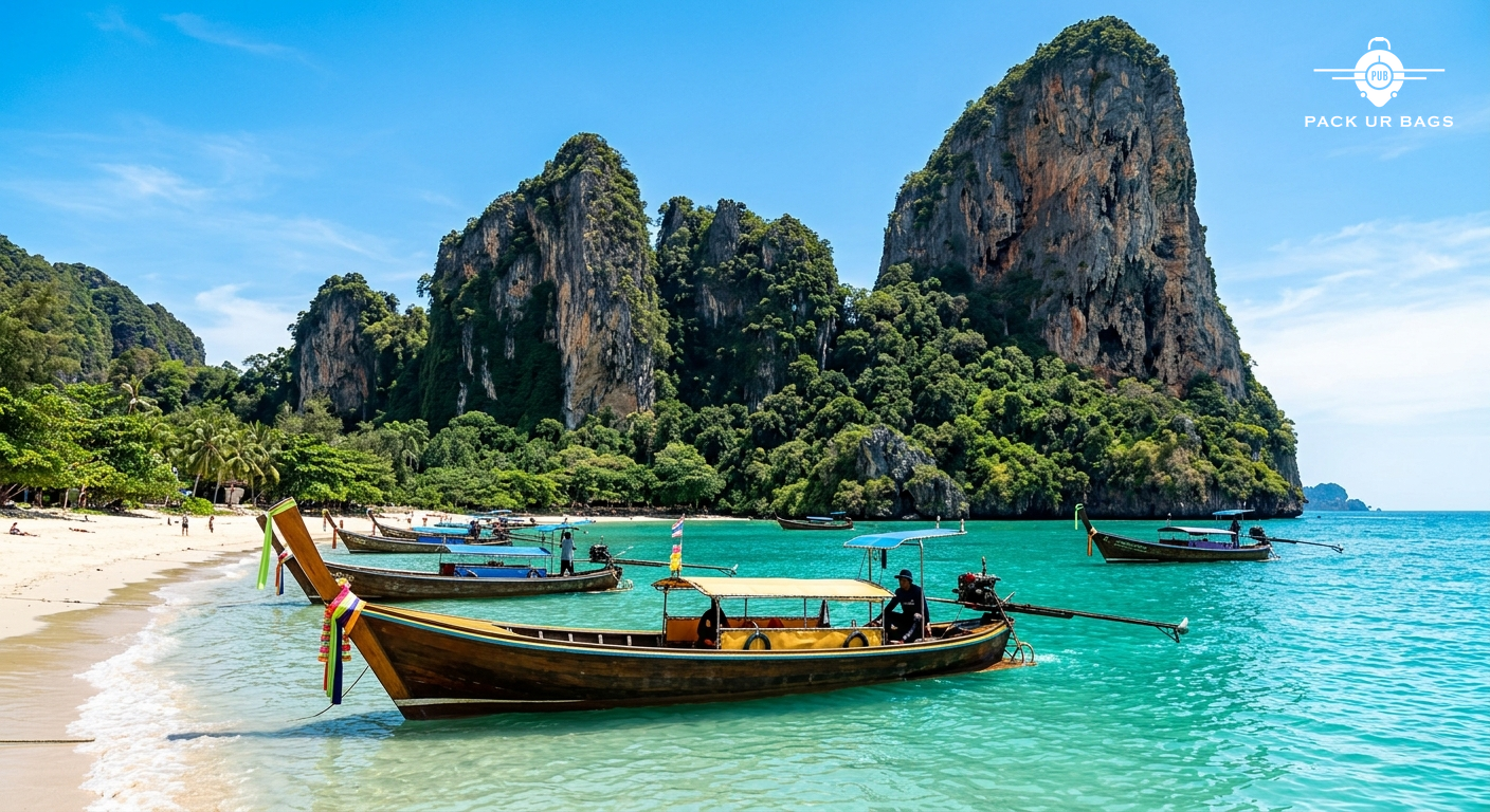 Railay Beach limestone cliffs rising from turquoise water, traditional longtail boats in foreground, clear blue sky, tro