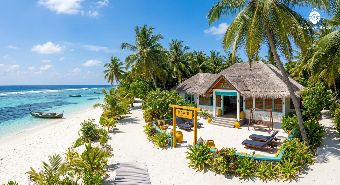 Traditional Maldivian guesthouse on Maafushi Island, white sand beach, palm trees, sunny day, local island travel photog
