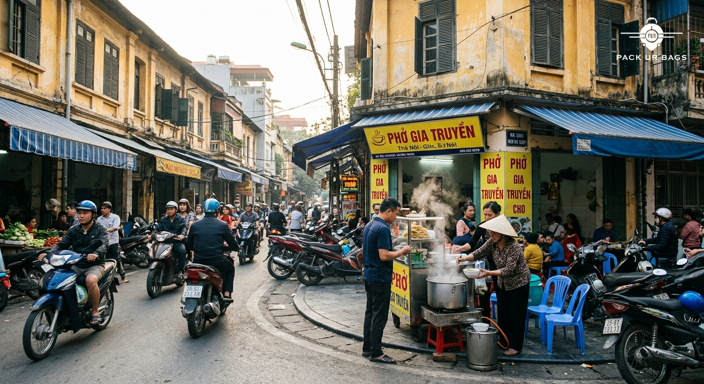 Busy Hanoi street scene, motorbikes weaving through old quarter, street food vendor with steaming pho, morning light, vi