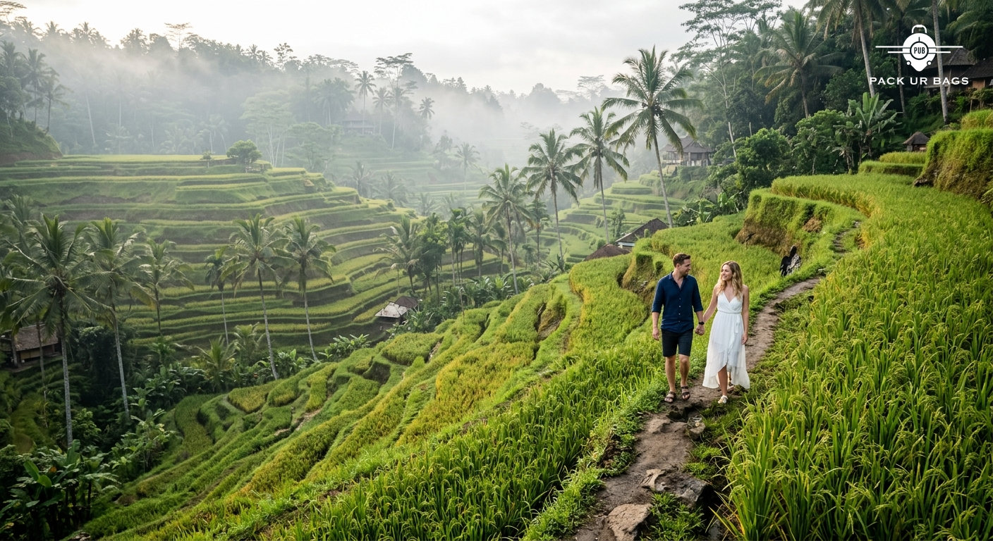Couple walking through Ubud rice terraces in Bali, lush green steps, morning mist, traditional Balinese landscape, soft