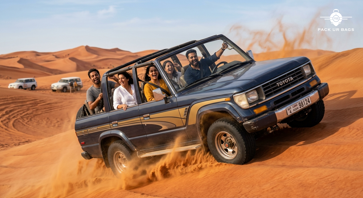 Indian travelers enjoying desert safari in Dubai, dune bashing 4x4 vehicle, red sand dunes, adventure activity, excited