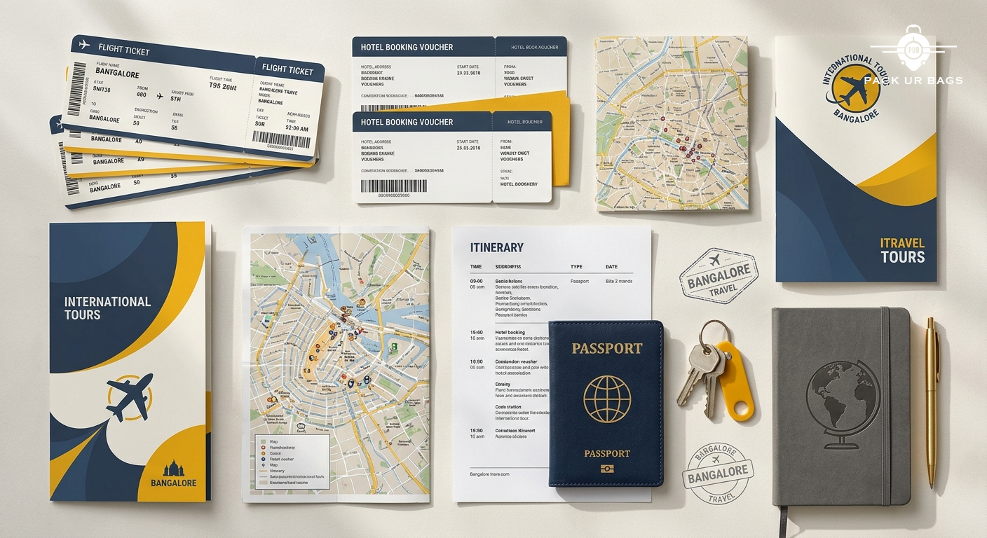 Overhead flat lay of international tour planning materials, flight tickets, hotel vouchers, Bangalore travel agency bran