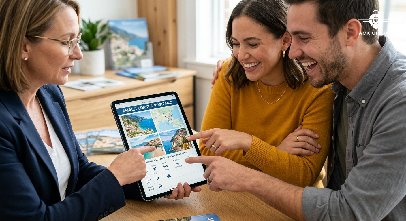 Travel agent showing destination photos and custom itinerary on tablet to excited couple, close-up hands pointing at scr