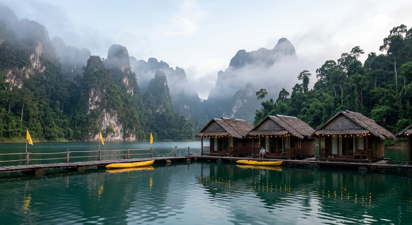 Floating bungalows on Cheow Lan Lake surrounded by misty limestone karsts, calm emerald water, lush rainforest, peaceful
