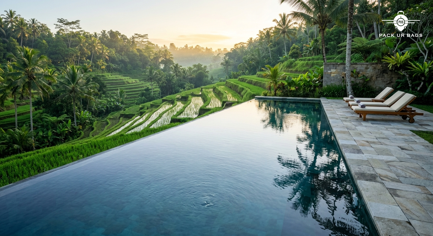 Infinity pool overlooking lush green rice terraces in Ubud, tropical vegetation, calm water reflection, luxury resort se