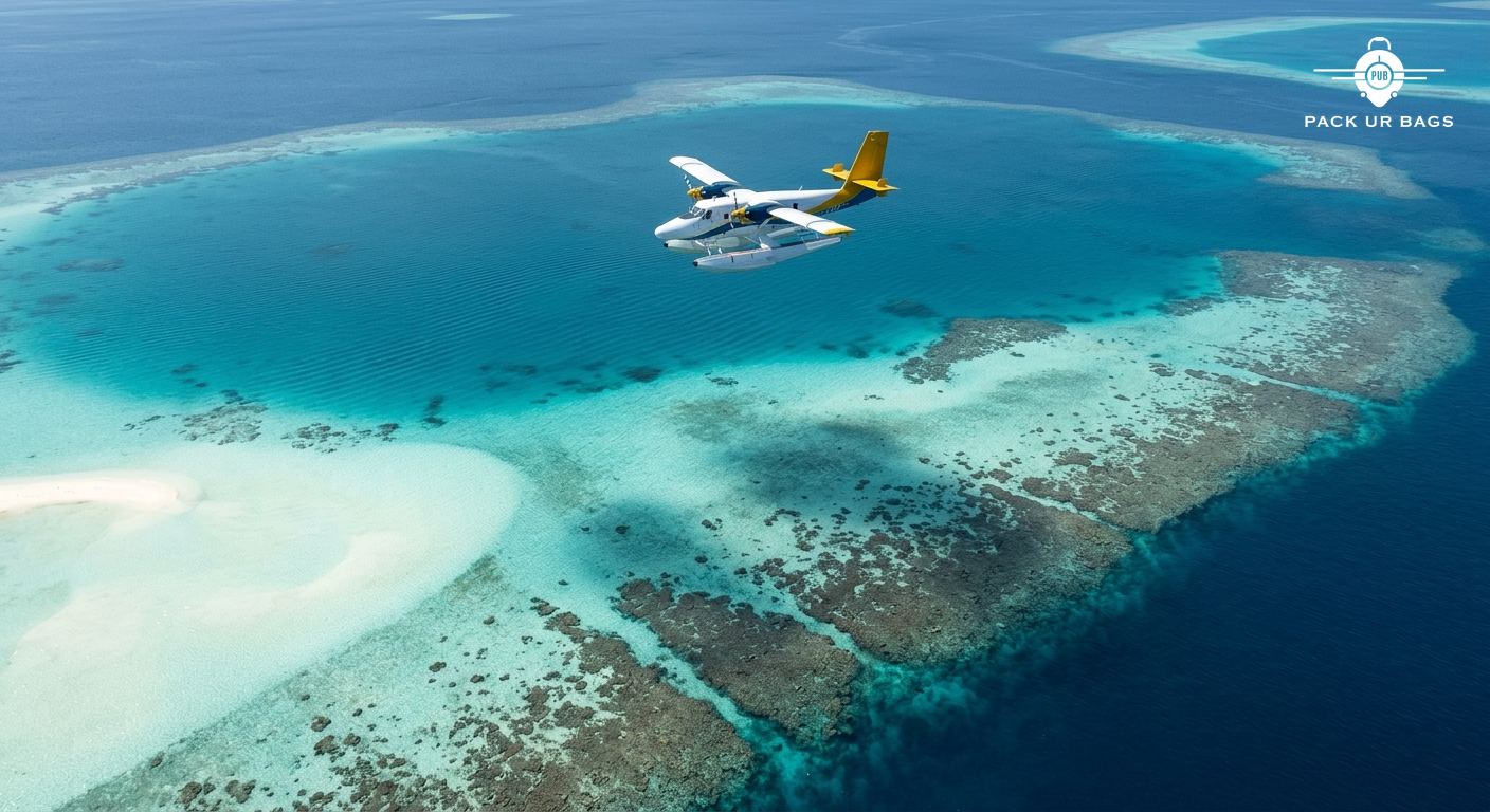 Seaplane flying over Maldives atolls, aerial view of turquoise water and coral reefs, bright daylight, travel photograph